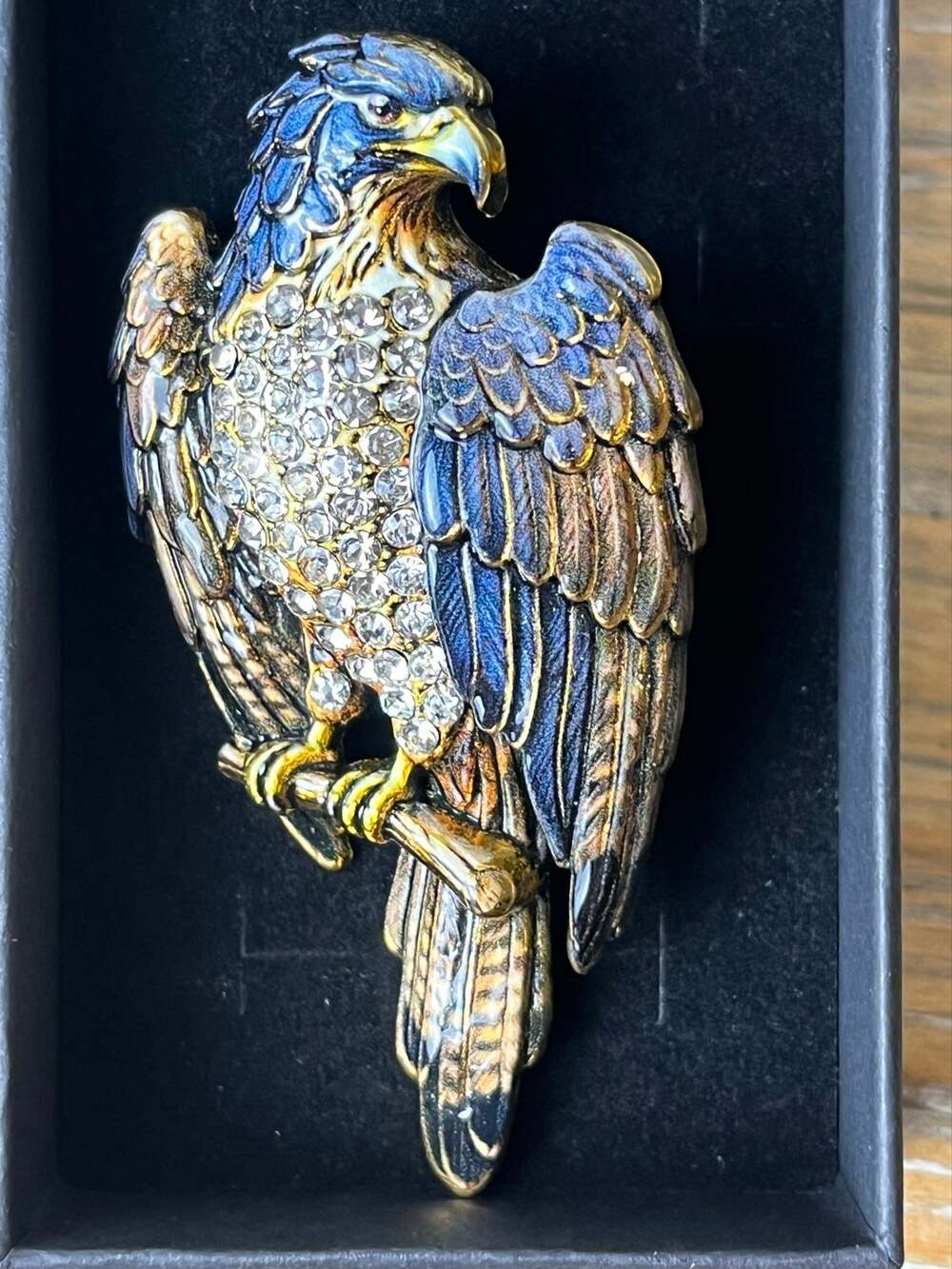 Blue Enamel Eagle Brooch Clear Rhinestone Falcon Bird Lapel Pin Gift Boxed NWOT